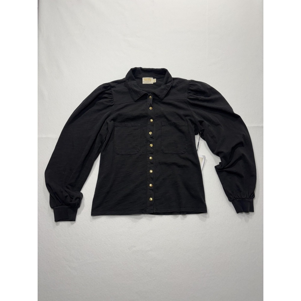 Nation LTD Button Up Shirt Womens Medium Black Puff Sleeve Cotton Collared Top